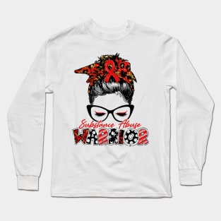 Substance Abuse Awareness Warrior Women Glasse Messy Bun Leopard Bandana - Happy Mothers Day, Valentines Day Long Sleeve T-Shirt